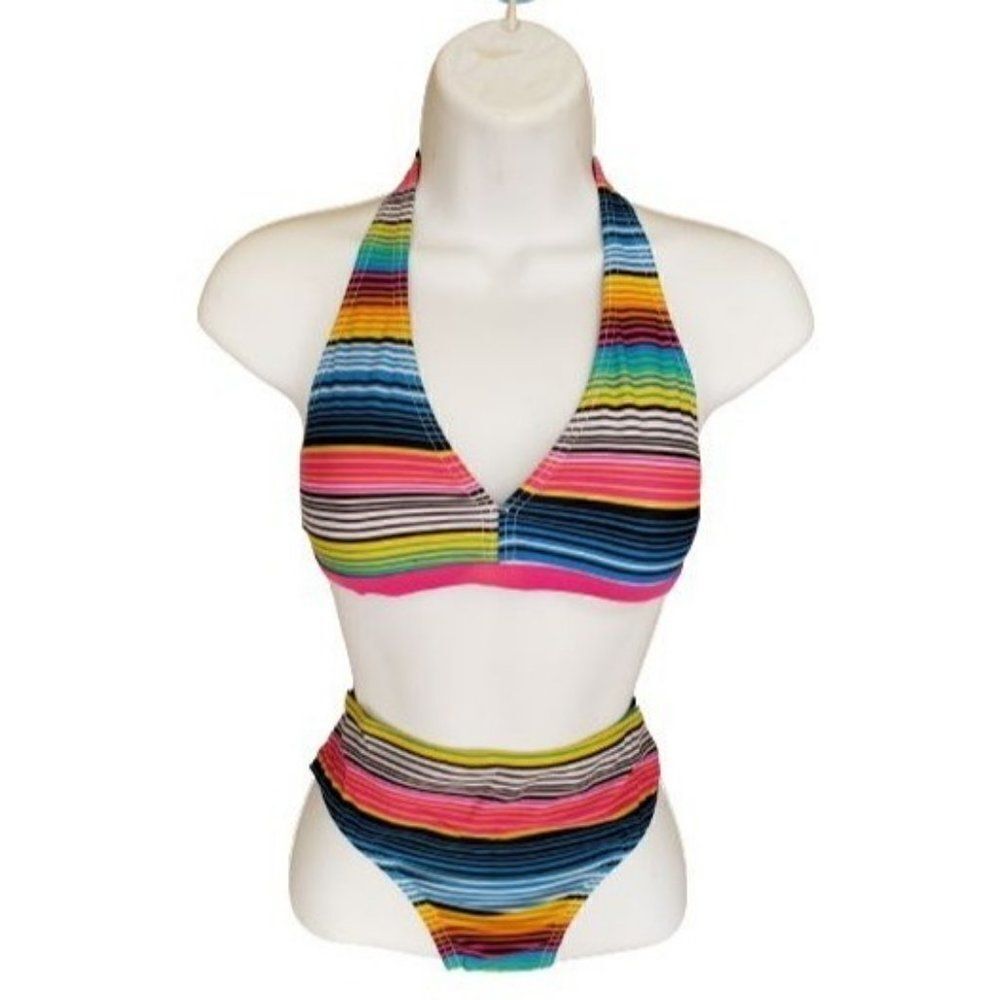 Girls Bikini 14 2 pc Bathing Suit Swimwear Halter Style Striped Size 14 NWOT